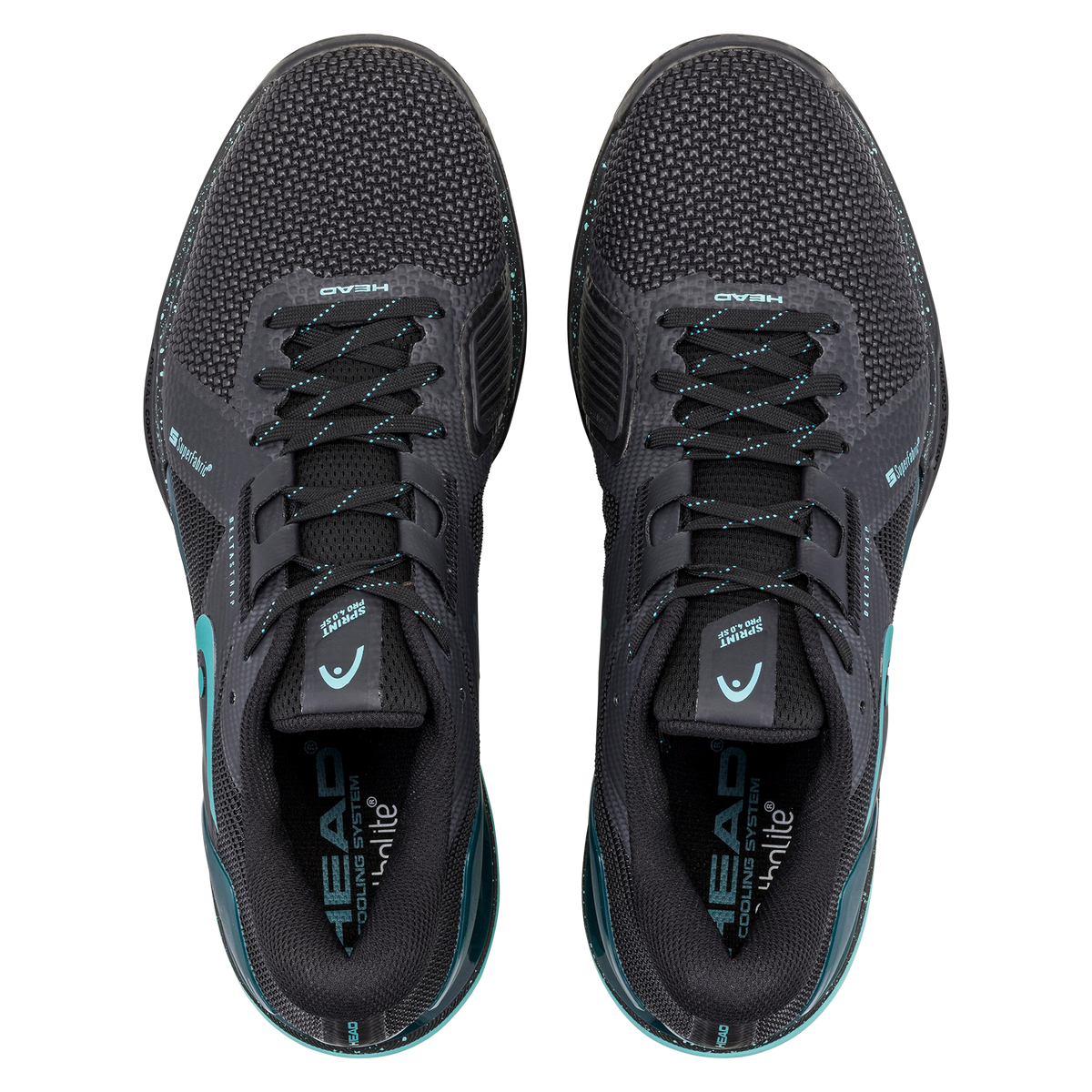 Black and teal HEAD Sprint Pro 4.0 SF men’s tennis shoe shown on a black background, with one shoe angled forward and the other displaying the non-marking outsole, highlighting the breathable mesh upper, lateral support, and HEAD branding.