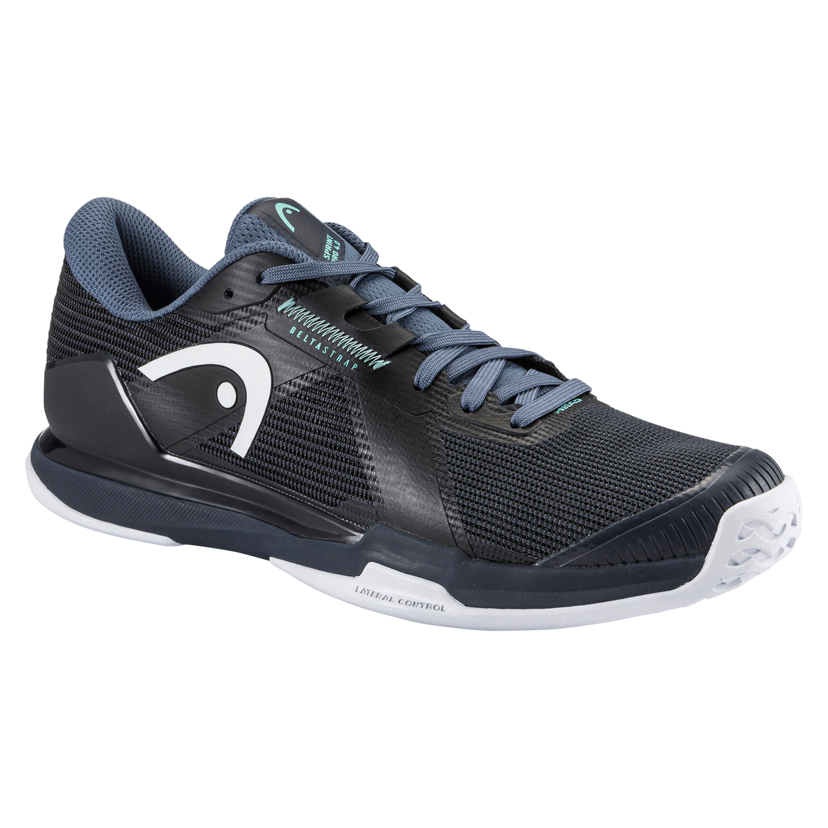 A pair of HEAD Sprint Pro 4.0 tennis shoes shown on a black background, featuring a breathable dark knit upper with supportive overlays, a low-profile performance fit, and a white non-marking outsole designed for speed, stability, and responsive movement on the court.
