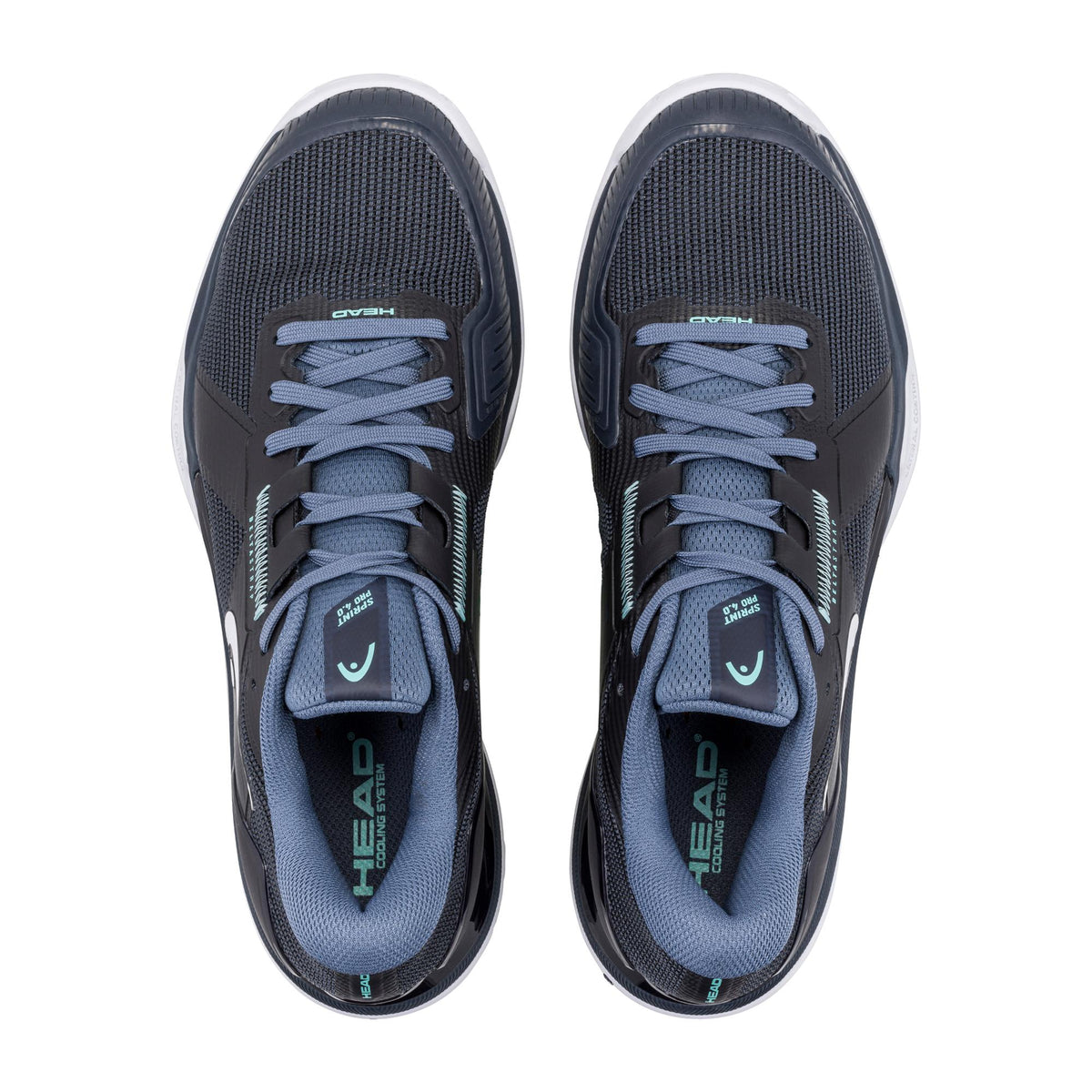 A pair of HEAD Sprint Pro 4.0 tennis shoes shown on a black background, featuring a breathable dark knit upper with supportive overlays, a low-profile performance fit, and a white non-marking outsole designed for speed, stability, and responsive movement on the court.