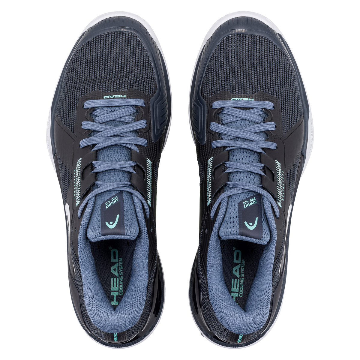 A pair of HEAD Sprint Pro 4.0 tennis shoes shown on a black background, featuring a breathable dark knit upper with supportive overlays, a low-profile performance fit, and a white non-marking outsole designed for speed, stability, and responsive movement on the court.