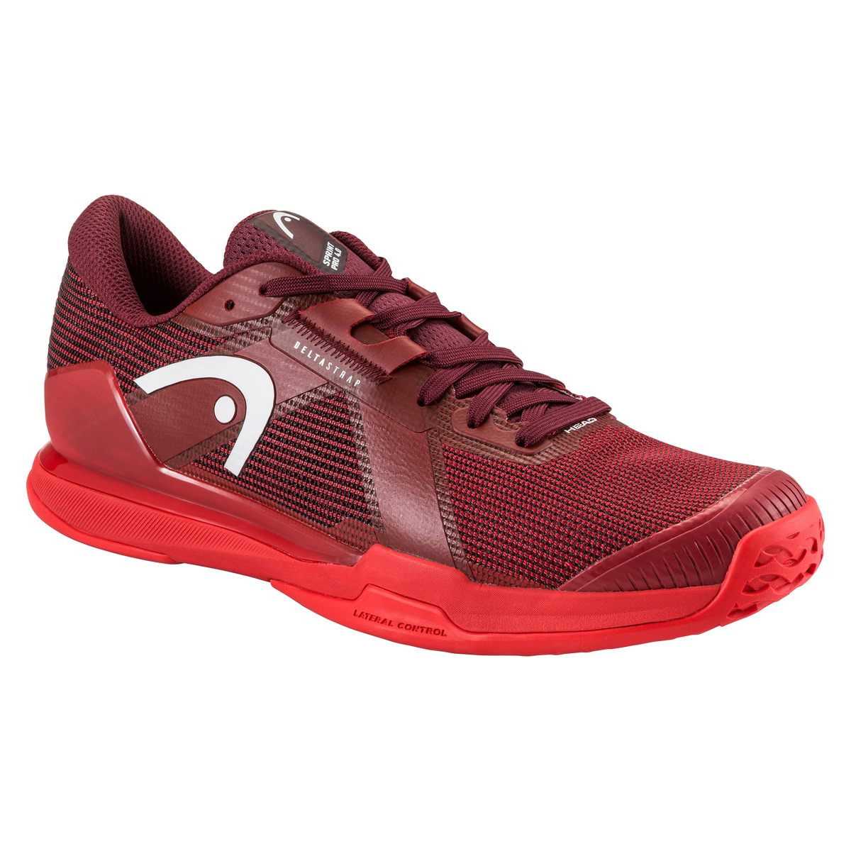 A studio product image of the HEAD Sprint Pro 4.0 men’s tennis shoe in a red colorway on a black background. One shoe is shown in a side profile highlighting the breathable mesh upper, supportive midfoot structure, and HEAD logo, while the second shoe is positioned behind it to display the red non-marking outsole with a textured herringbone-style tread for traction and lateral control.