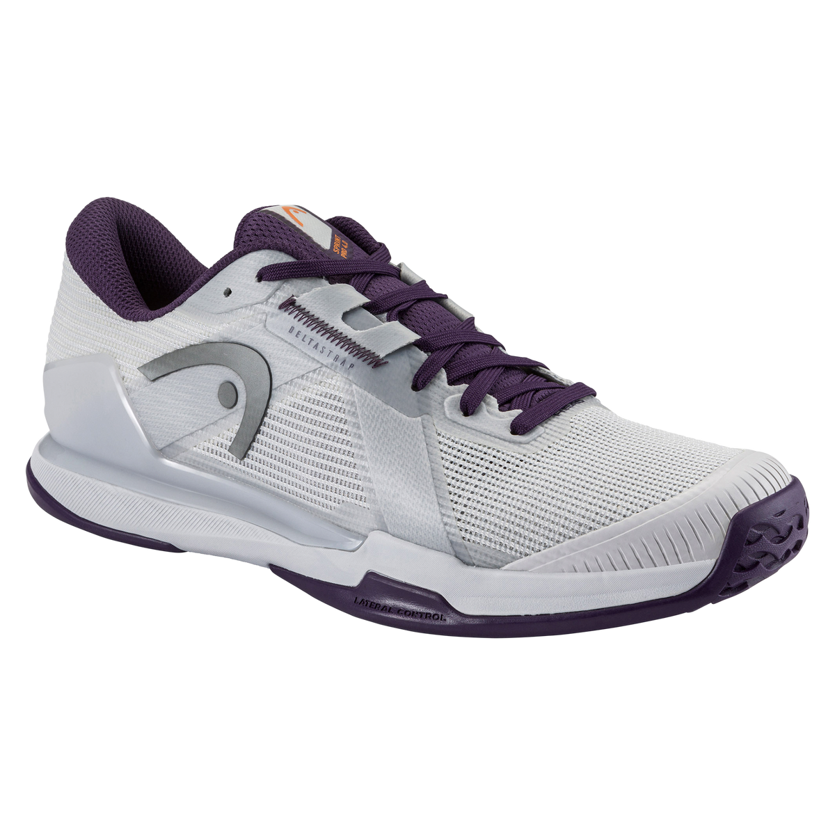 A studio product image of the HEAD Sprint Pro 4.0 men’s tennis shoe in a white and purple colorway on a black background. One shoe is shown in side profile highlighting the breathable mesh upper, DeltaStrap support system, and HEAD logo, while the second shoe is positioned behind it to display the purple non-marking outsole with a textured herringbone-style tread and an orange midfoot support element.