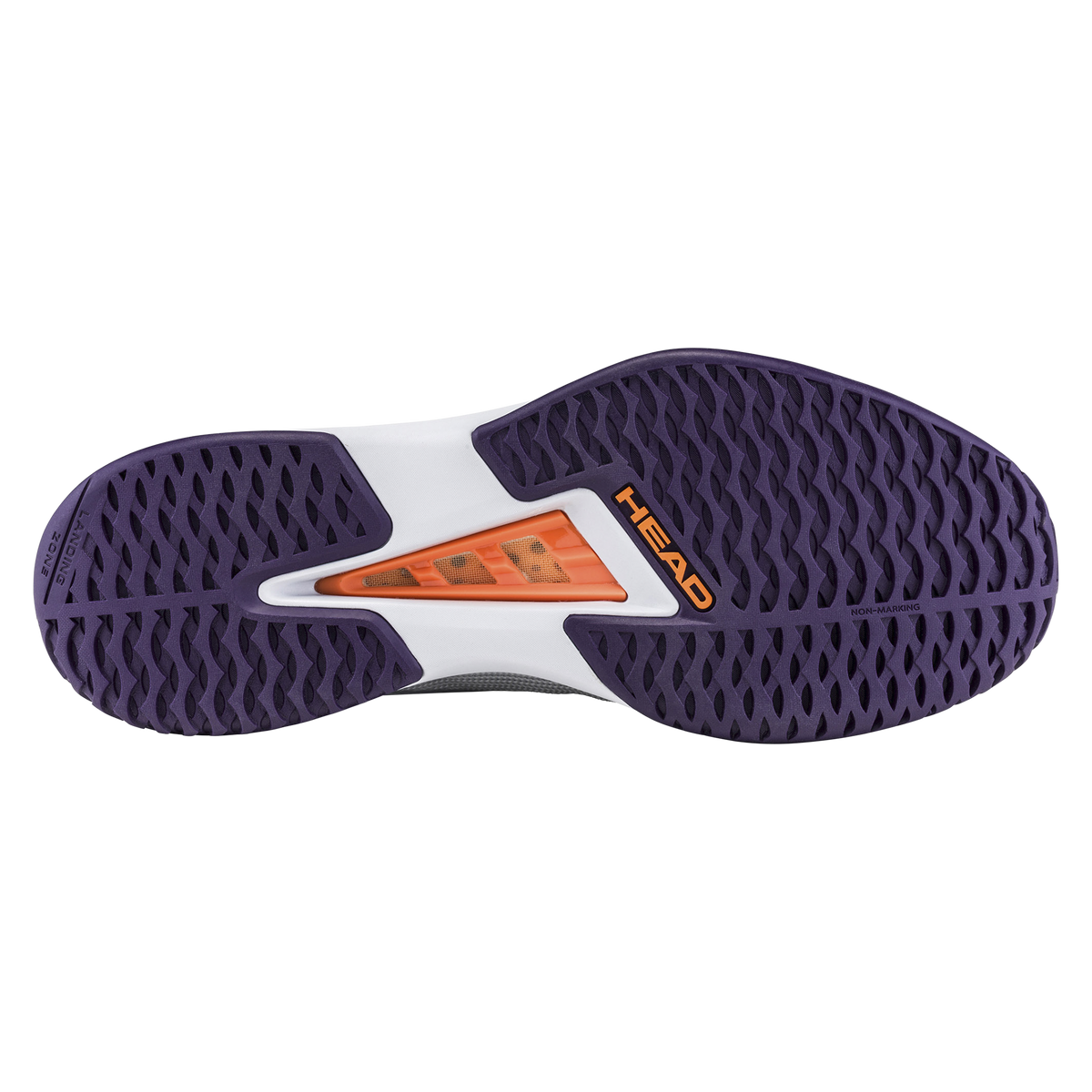 A studio product image of the HEAD Sprint Pro 4.0 men’s tennis shoe in a white and purple colorway on a black background. One shoe is shown in side profile highlighting the breathable mesh upper, DeltaStrap support system, and HEAD logo, while the second shoe is positioned behind it to display the purple non-marking outsole with a textured herringbone-style tread and an orange midfoot support element.