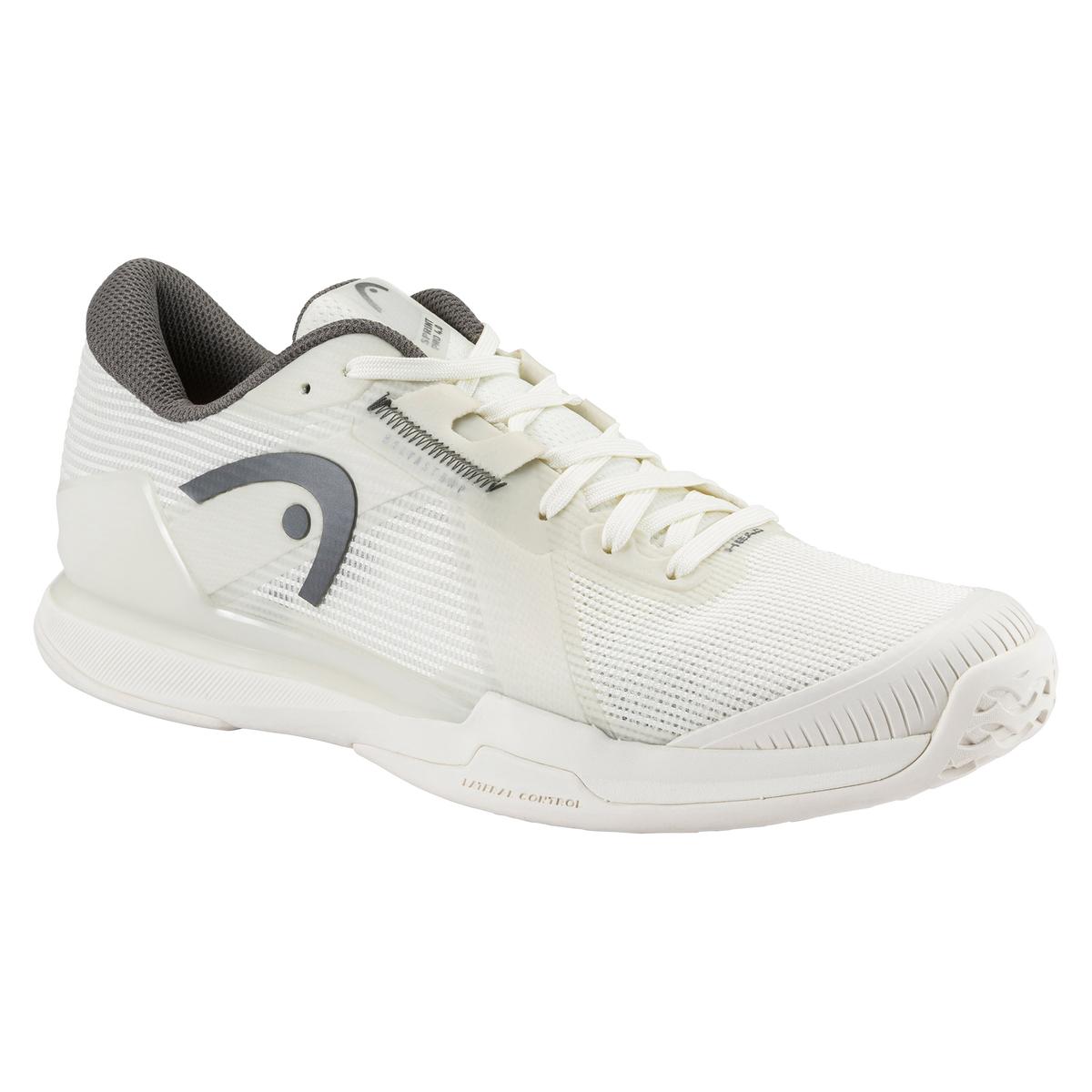 A studio product image of the HEAD Sprint Pro 4.0 men’s tennis shoe in a clean white and light gray colorway on a black background. One shoe is shown in a side profile, emphasizing the lightweight breathable mesh upper, DeltaStrap support system, reinforced toe guard, and sculpted midsole for lateral stability. The second shoe is positioned behind it to showcase the white non-marking outsole with a textured herringbone-style tread pattern and a visible midfoot support shank featuring subtle HEAD branding.