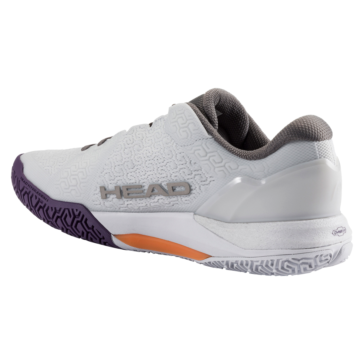 Product image of a white and purple HEAD Revolt Pro men’s tennis shoe on a black background, showing one shoe in side profile with a breathable mesh upper, gray laces, HEAD logo, and cushioned midsole, and a second shoe positioned to display the purple non-marking outsole with traction pattern and stability support.