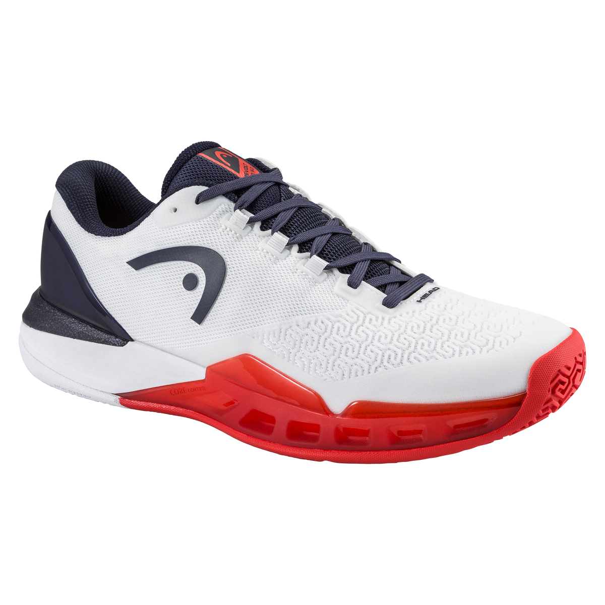 Product image of a white and navy HEAD Revolt Pro men’s tennis shoe on a black background, featuring one shoe in side profile with a breathable mesh upper, dark laces, HEAD logo, and red-accented cushioned midsole, alongside a second shoe flipped to show the red non-marking outsole with geometric traction pattern and lateral stability support.