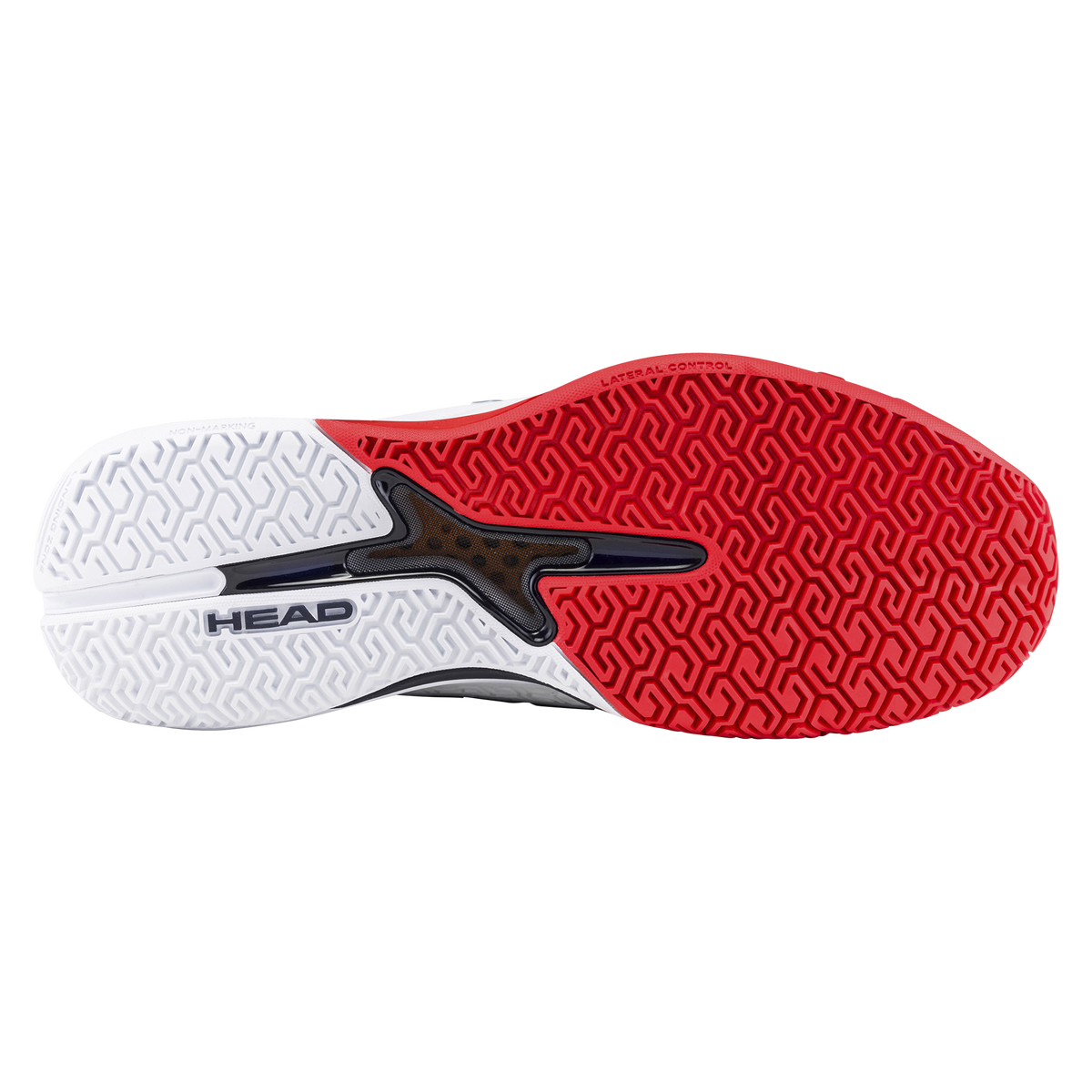 Product image of a white and navy HEAD Revolt Pro men’s tennis shoe on a black background, featuring one shoe in side profile with a breathable mesh upper, dark laces, HEAD logo, and red-accented cushioned midsole, alongside a second shoe flipped to show the red non-marking outsole with geometric traction pattern and lateral stability support.
