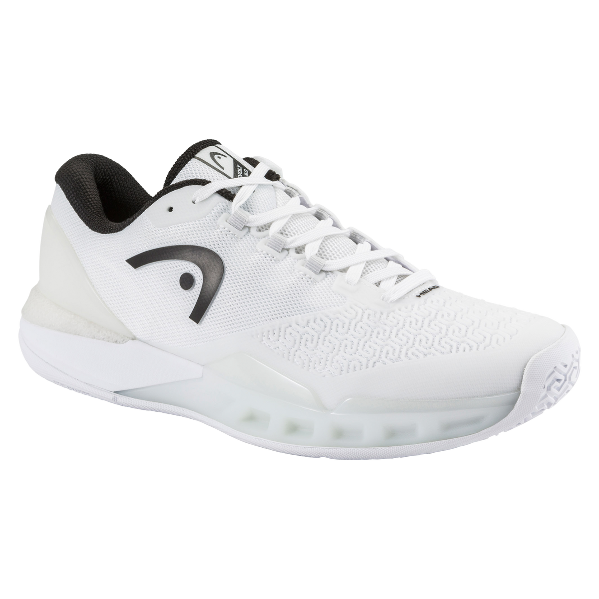 Product image of a white HEAD Revolt Pro men’s tennis shoe on a black background, showing one shoe in side profile with a breathable white mesh upper, white laces, dark HEAD logo, and cushioned midsole, alongside a second shoe rotated to display the white non-marking outsole with geometric traction pattern and central stability shank.