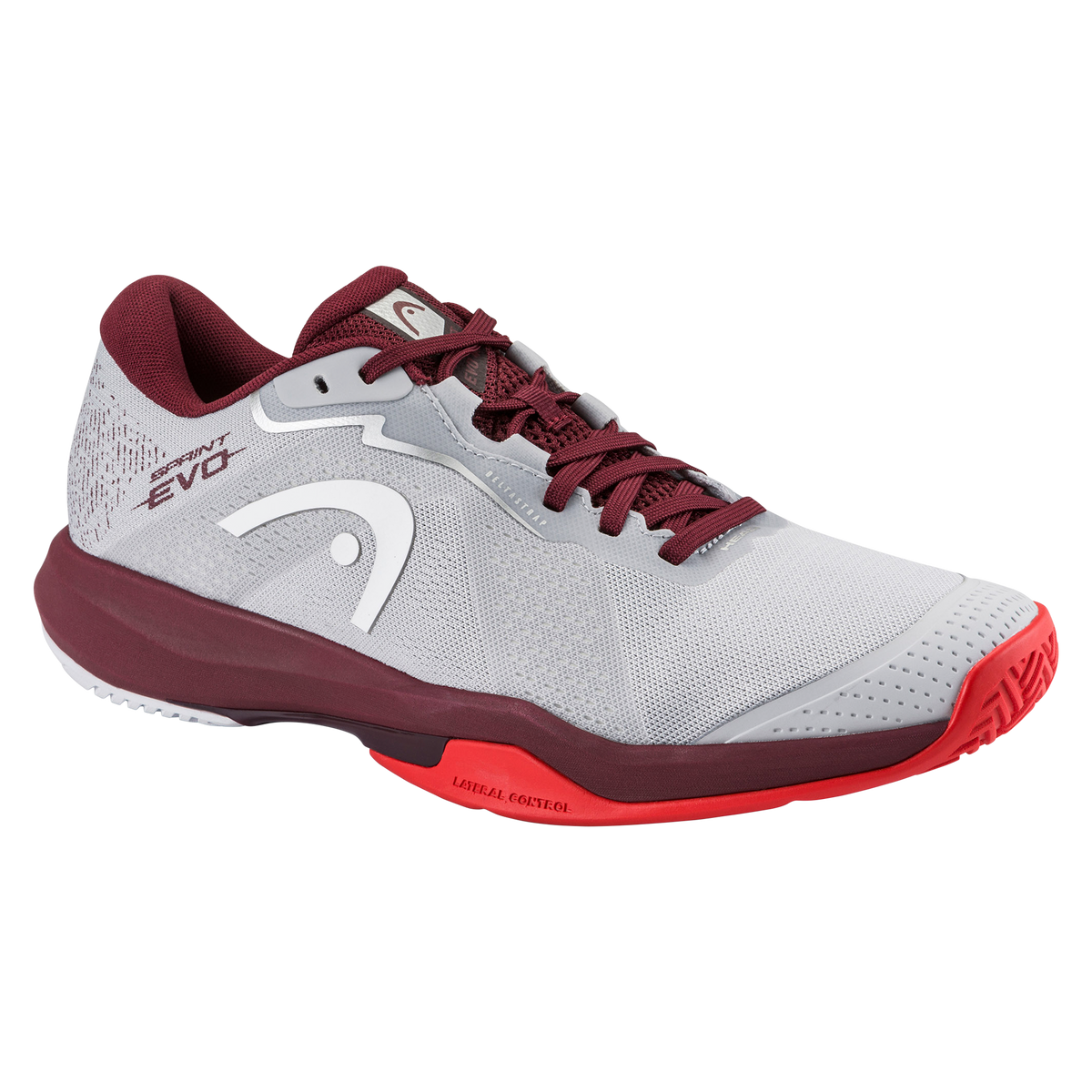 Product image of a HEAD Sprint Evo men’s tennis shoe on a black background, showing one shoe in side profile with a light grey mesh upper, burgundy collar and laces, white HEAD logo, and supportive midsole, alongside a second shoe angled to display the red non-marking herringbone outsole designed for court traction.