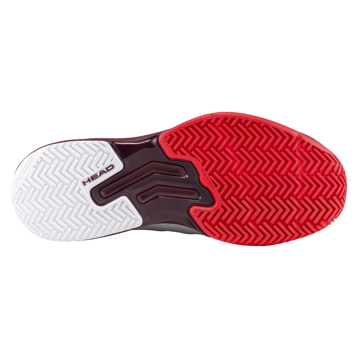 Product image of a HEAD Sprint Evo men’s tennis shoe on a black background, showing one shoe in side profile with a light grey mesh upper, burgundy collar and laces, white HEAD logo, and supportive midsole, alongside a second shoe angled to display the red non-marking herringbone outsole designed for court traction.