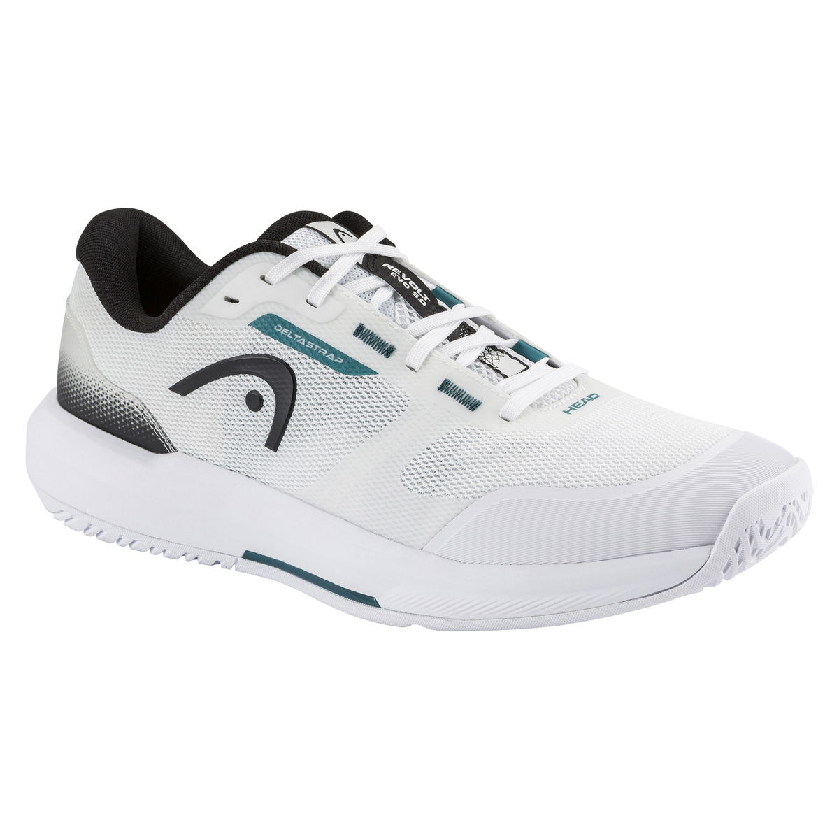 Product image of the HEAD Revolt Evo 5.0 men’s tennis shoe in white and black, shown with one shoe in side view and the other displaying the non-marking outsole, highlighting the breathable mesh upper, DeltaStrap support system, cushioned midsole, and durable herringbone traction pattern.