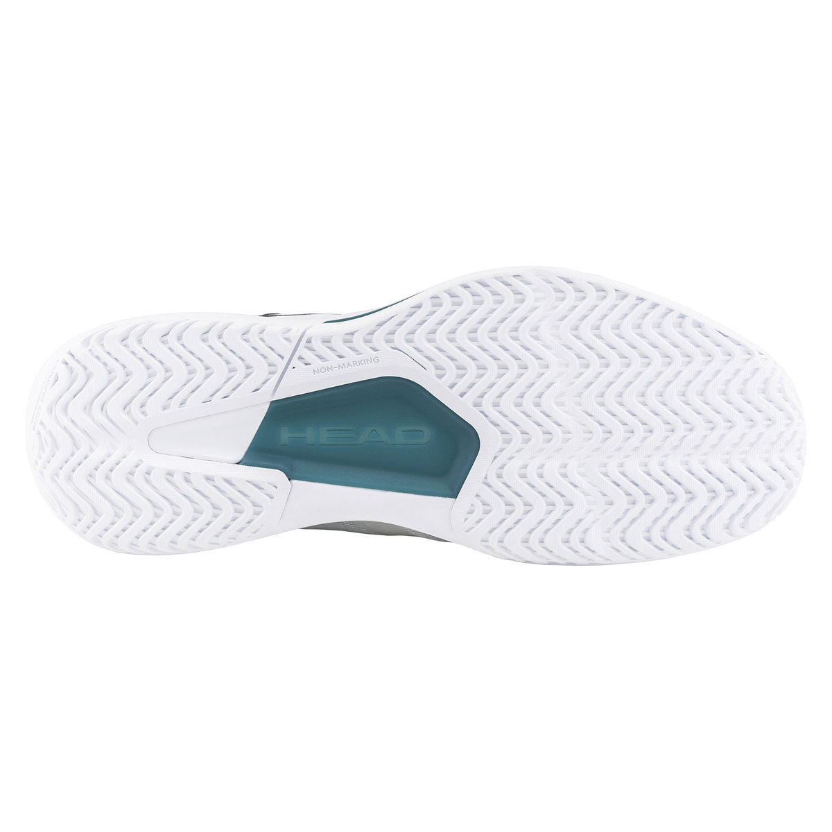 Product image of the HEAD Revolt Evo 5.0 men’s tennis shoe in white and black, shown with one shoe in side view and the other displaying the non-marking outsole, highlighting the breathable mesh upper, DeltaStrap support system, cushioned midsole, and durable herringbone traction pattern.