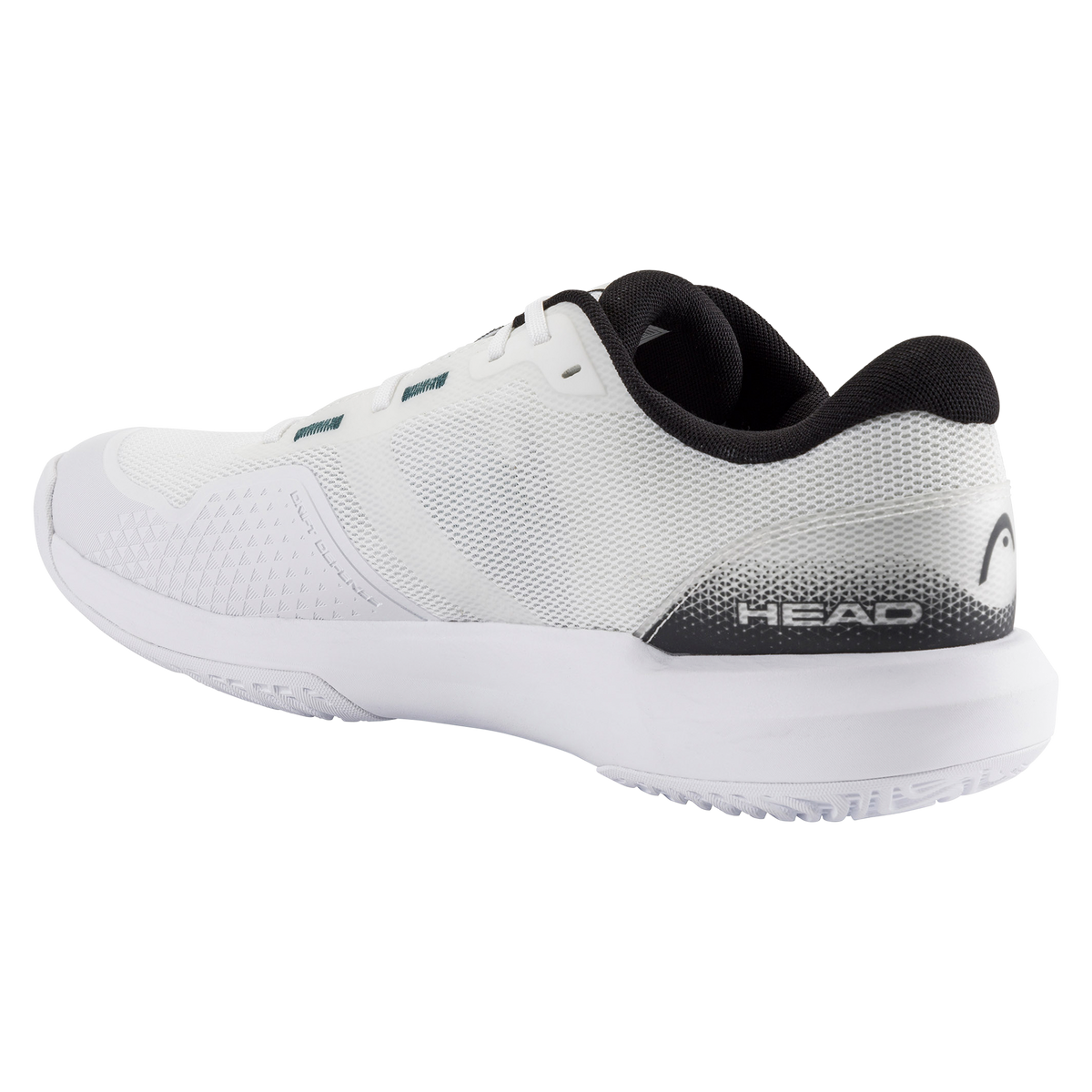 Product image of the HEAD Revolt Evo 5.0 men’s tennis shoe in white and black, shown with one shoe in side view and the other displaying the non-marking outsole, highlighting the breathable mesh upper, DeltaStrap support system, cushioned midsole, and durable herringbone traction pattern.