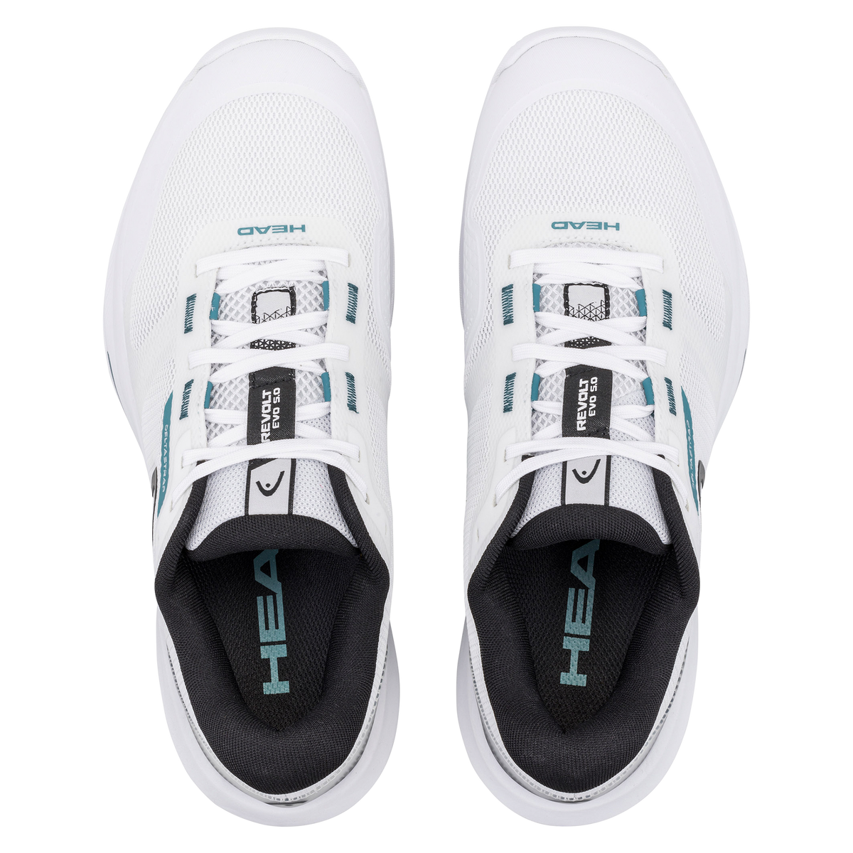 Product image of the HEAD Revolt Evo 5.0 men’s tennis shoe in white and black, shown with one shoe in side view and the other displaying the non-marking outsole, highlighting the breathable mesh upper, DeltaStrap support system, cushioned midsole, and durable herringbone traction pattern.