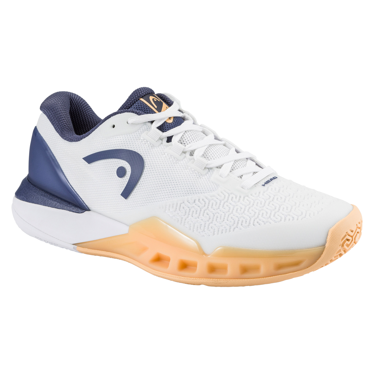 Studio product image of a HEAD Revolt Pro 5.0 women’s tennis shoe in white and navy with a gum outsole, shown with a second shoe displaying the patterned sole for traction and lateral support.