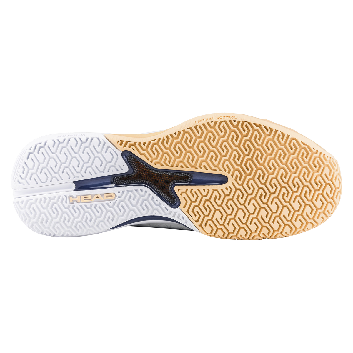 Studio product image of a HEAD Revolt Pro 5.0 women’s tennis shoe in white and navy with a gum outsole, shown with a second shoe displaying the patterned sole for traction and lateral support.