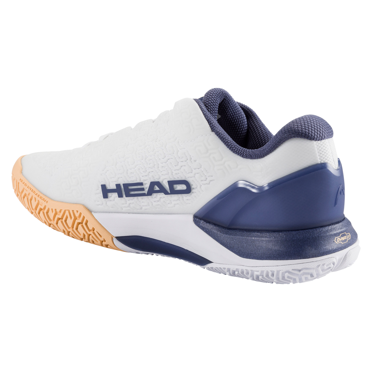 Studio product image of a HEAD Revolt Pro 5.0 women’s tennis shoe in white and navy with a gum outsole, shown with a second shoe displaying the patterned sole for traction and lateral support.