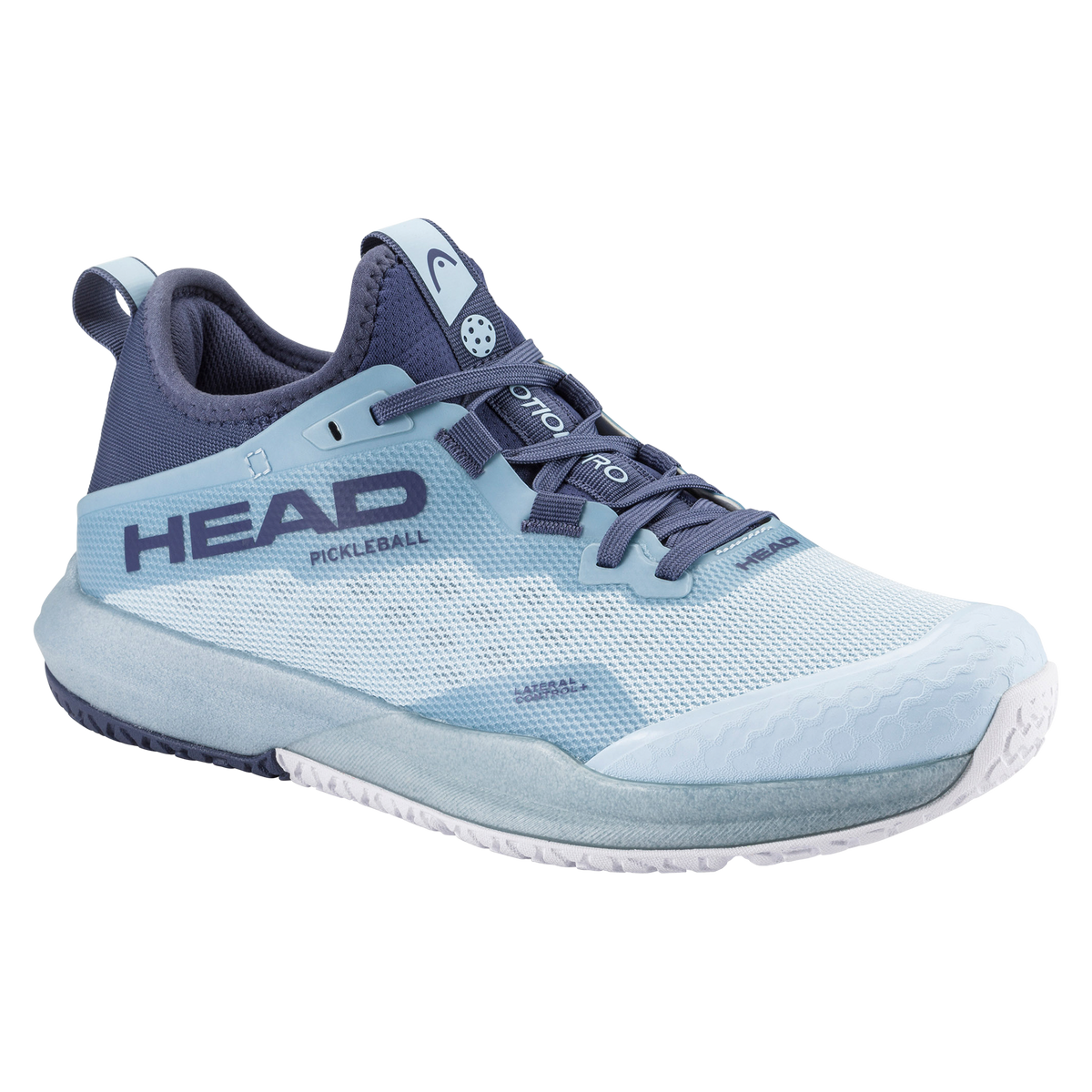 HEAD Motion Pro women’s pickleball shoe in light blue and navy, shown in a studio product view with one shoe angled forward and the other displaying the outsole, highlighting breathable mesh upper, lateral support structure, cushioned midsole, and non-marking pickleball-specific tread.