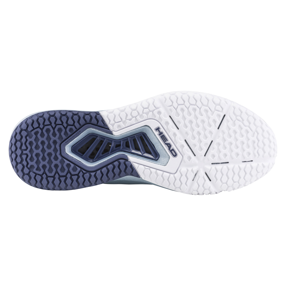 HEAD Motion Pro women’s pickleball shoe in light blue and navy, shown in a studio product view with one shoe angled forward and the other displaying the outsole, highlighting breathable mesh upper, lateral support structure, cushioned midsole, and non-marking pickleball-specific tread.