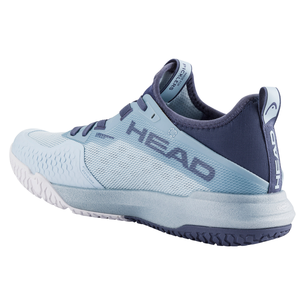 HEAD Motion Pro women’s pickleball shoe in light blue and navy, shown in a studio product view with one shoe angled forward and the other displaying the outsole, highlighting breathable mesh upper, lateral support structure, cushioned midsole, and non-marking pickleball-specific tread.