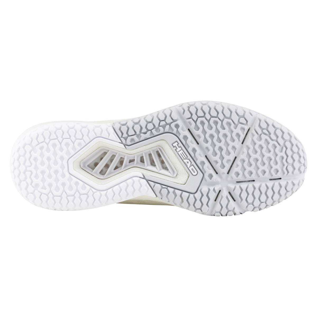 HEAD Motion Pro women’s pickleball shoe in white, shown in a studio product view with one shoe angled forward and the other displaying the outsole, highlighting the breathable mesh upper, reinforced lateral support, cushioned midsole, and non-marking pickleball-specific tread.
