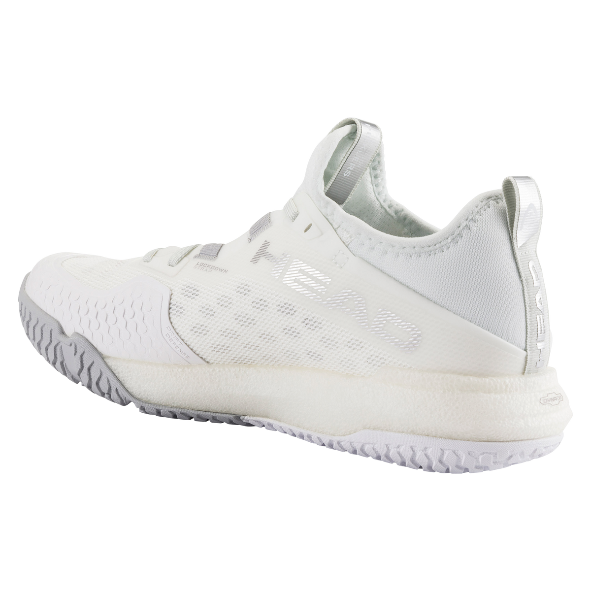 HEAD Motion Pro women’s pickleball shoe in white, shown in a studio product view with one shoe angled forward and the other displaying the outsole, highlighting the breathable mesh upper, reinforced lateral support, cushioned midsole, and non-marking pickleball-specific tread.