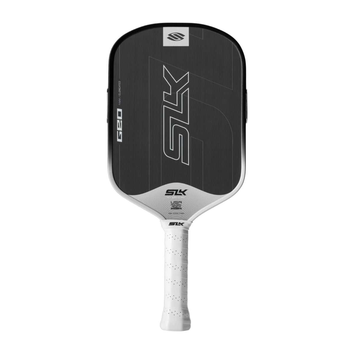 Selkirk SLK Geo pickleball paddle with a textured face, streamlined shape, and perforated grip handle.