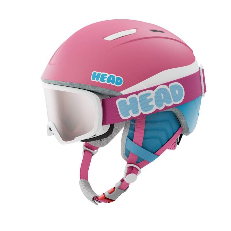 HEAD MAJA SET Kids Ski Helmet and Goggle Set, Pink/Blue in Pink - side view with goggle