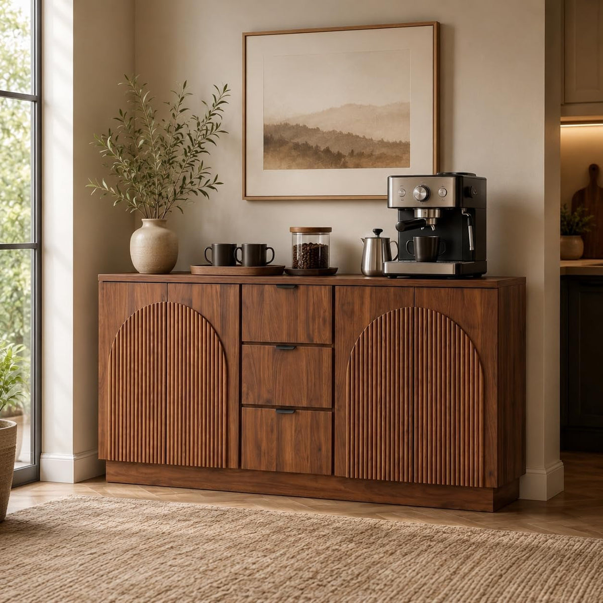 Walnut-Finish Sideboard Buffet with 4 Arched Reeded Doors and 3 Drawers - View 9