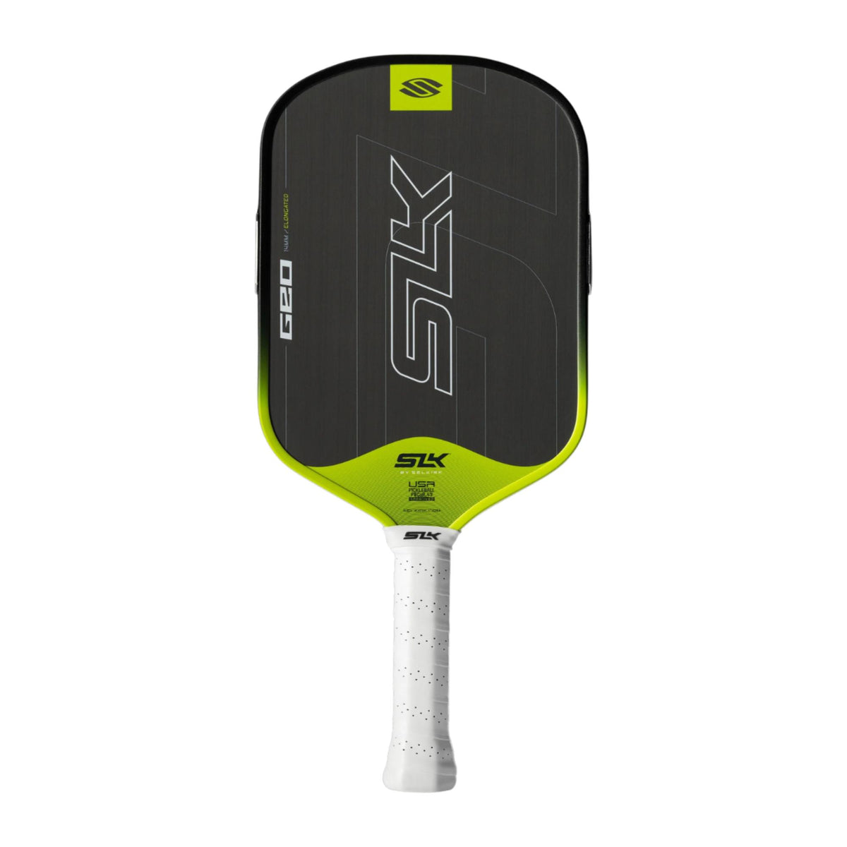 Selkirk SLK Geo pickleball paddle with a textured face, streamlined shape, and perforated grip handle.