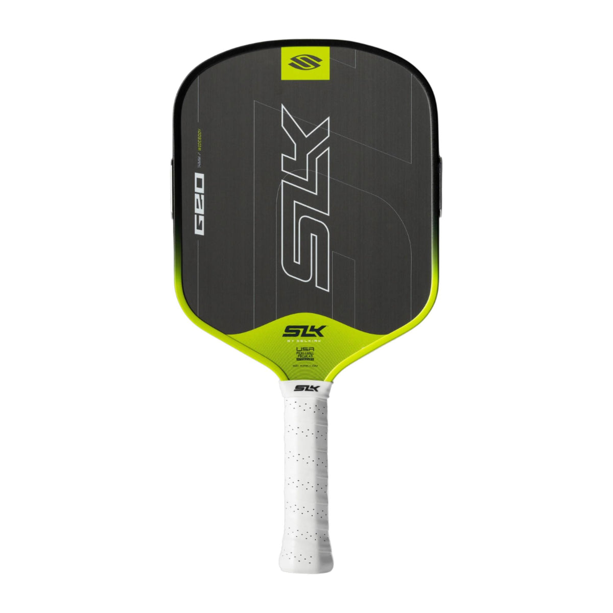 Selkirk SLK Geo pickleball paddle with a textured face, streamlined shape, and perforated grip handle.
