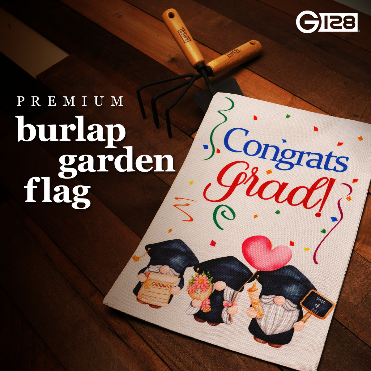 G128 Garden Flag Congrats Grad Three Gnomes Graduating 12"x18" Burlap Fabric - View 2