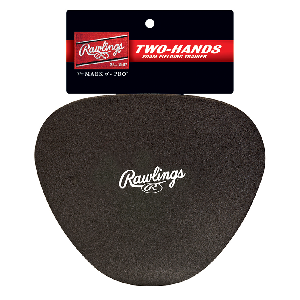 Rawlings Two-Hands foam fielding trainer featuring a curved black foam pad with Rawlings logo, designed to teach proper two-hand fielding technique in baseball and softball practice. ⚾