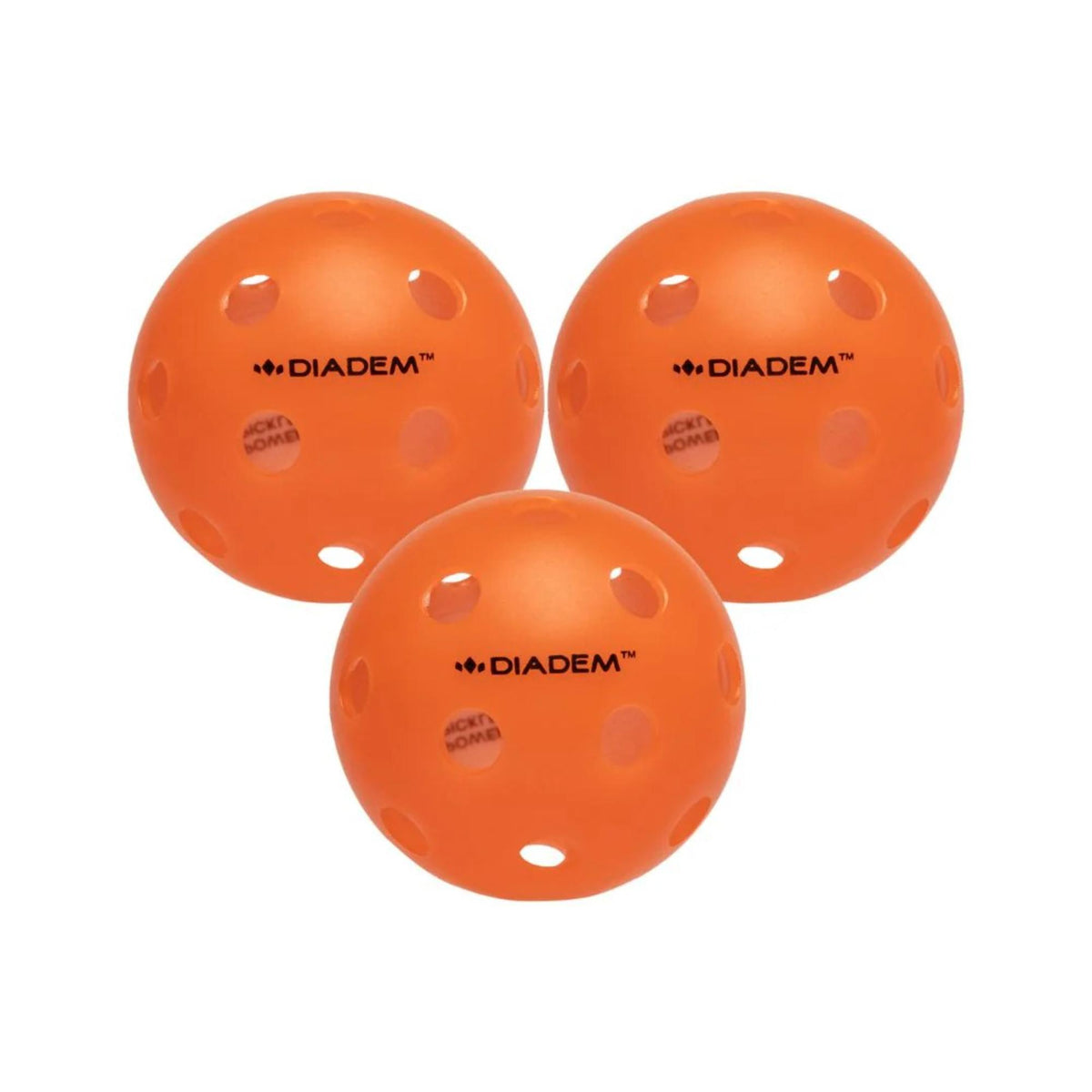 Three perforated indoor pickleball balls with evenly spaced holes and printed branding, shown together.