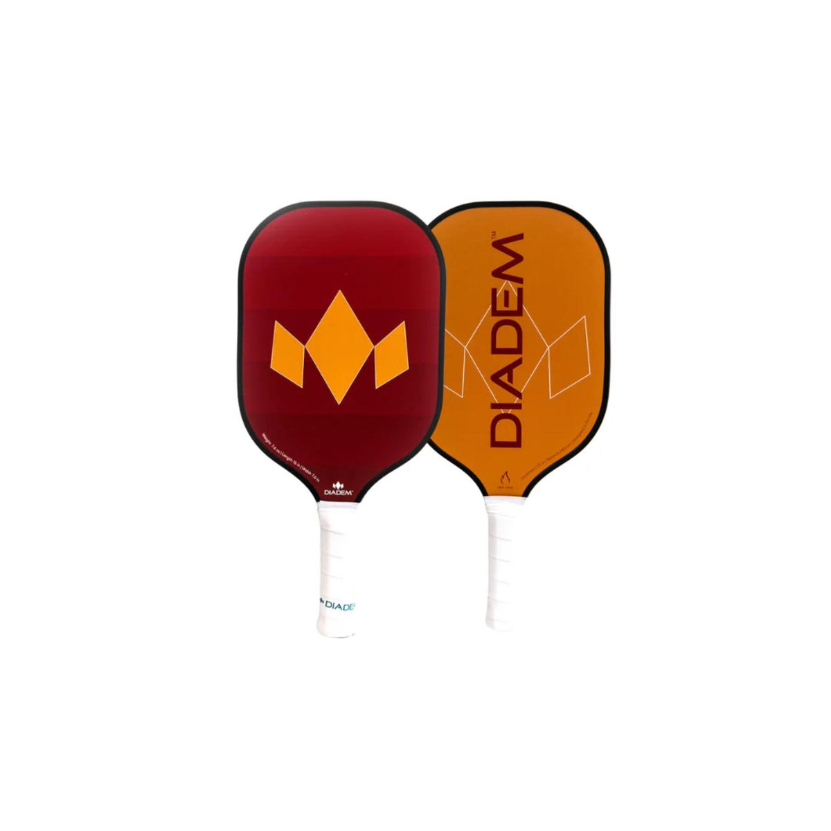 Two pickleball paddles displayed side by side featuring branded graphics and cushioned grip handles.