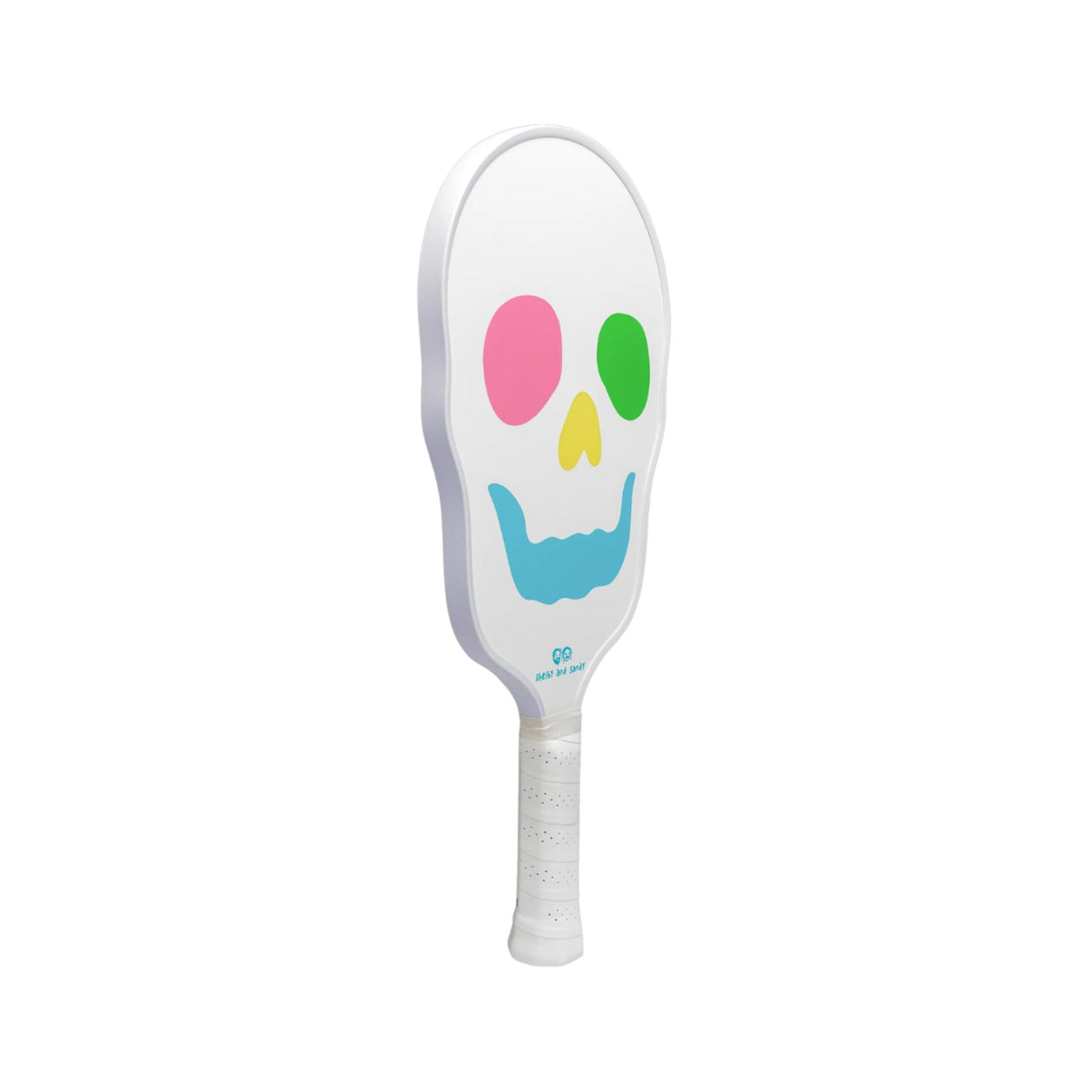 Pickleball paddle featuring a skull graphic design with colorful facial details and a cushioned grip handle.