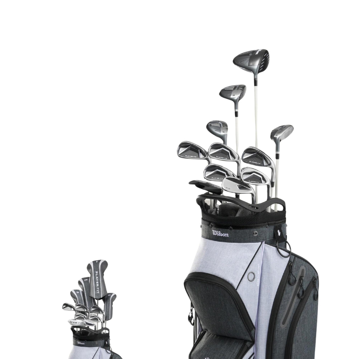 Wilson Golf Women’s PlayerFit complete golf club set with graphite shafts in a gray and black cart bag, featuring driver, fairway woods, irons, and putter displayed in the bag on a white background.