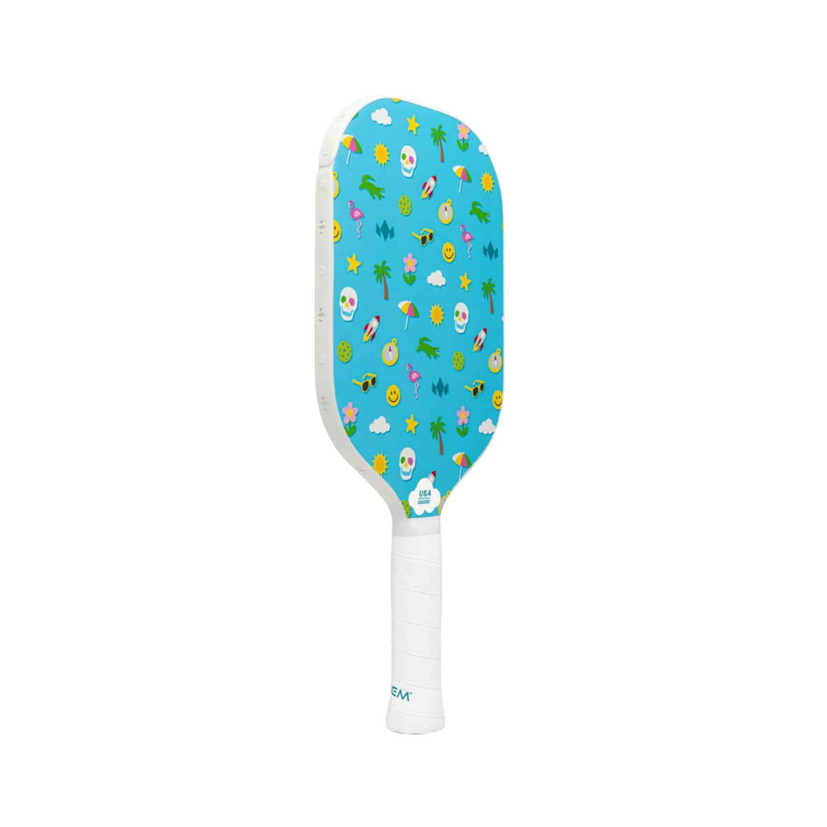 Diadem Icon Infinity Pro pickleball paddle featuring a playful all-over pattern with assorted icons, shown upright with a wrapped handle.