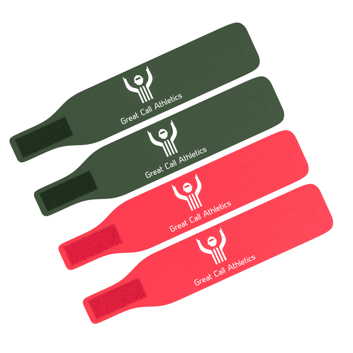 Two green and two red sweatbands with 'Great Call Athletics' logo on a white background