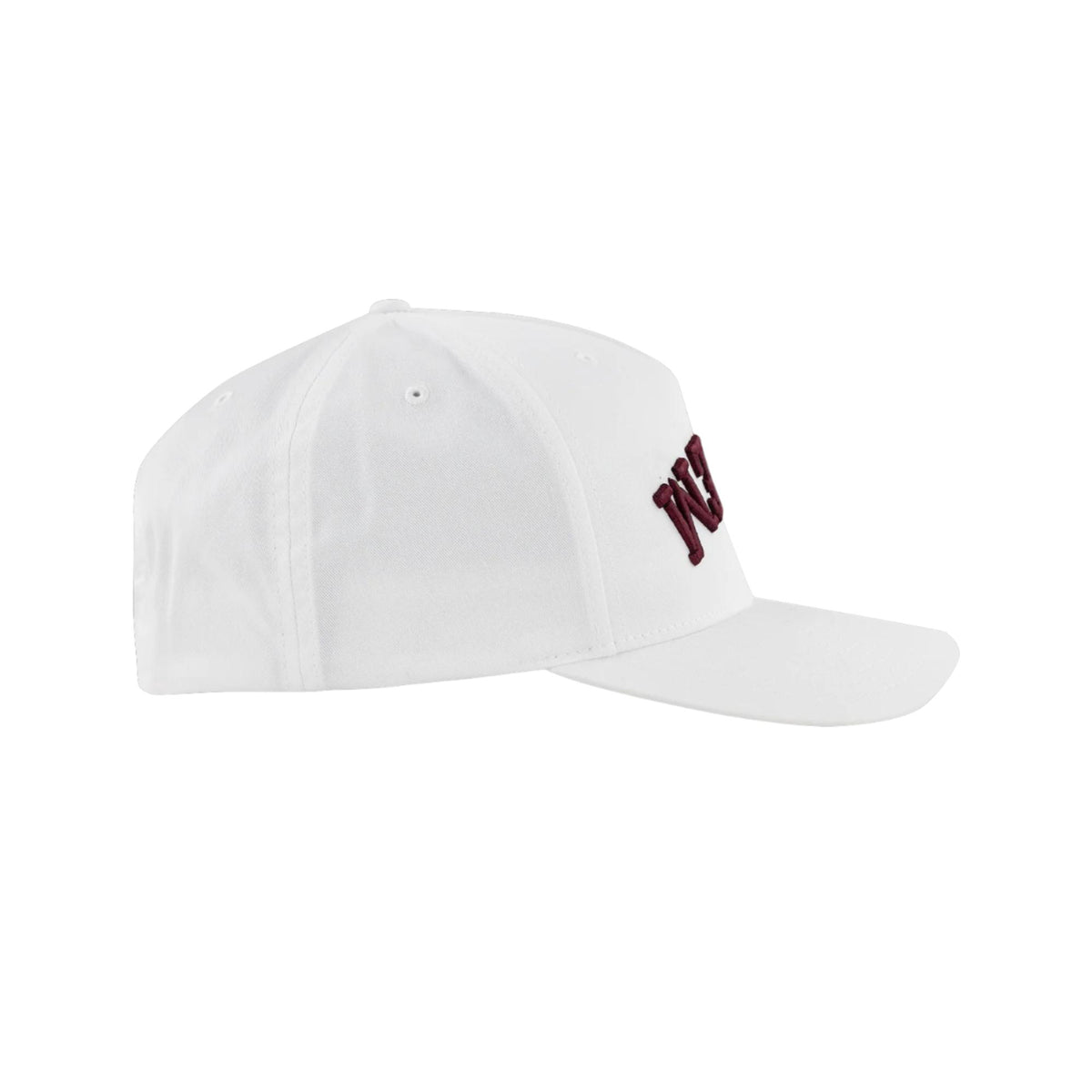 Structured baseball cap with curved brim and embroidered branding displayed upside down on the front panel.