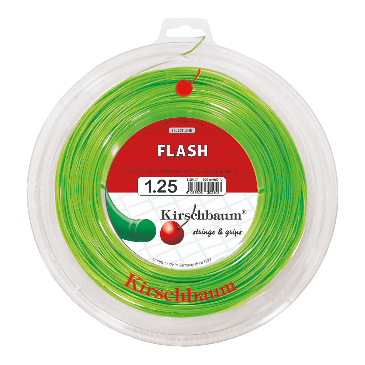 Kirschbaum Flash Tennis String Reel, 660 ft in 1.25mm / 17G Green - Front View