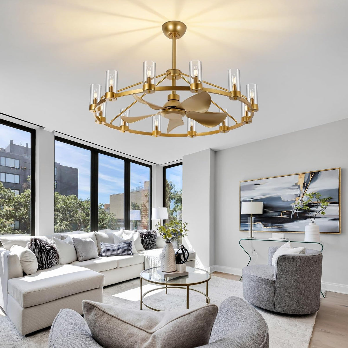 44" Wagon Wheel Chandelier Ceiling Fan, 12-Light, Remote & App Control - View 9