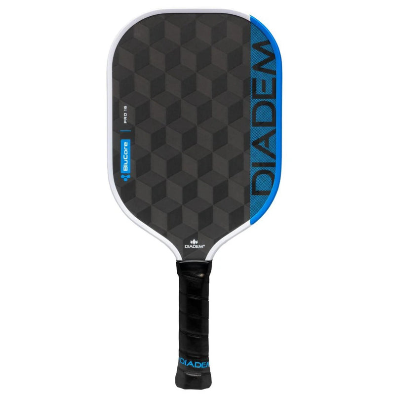Diadem Edge BluCore Pro pickleball paddle with a textured geometric face, shown alongside product specifications and feature icons in a promotional layout.