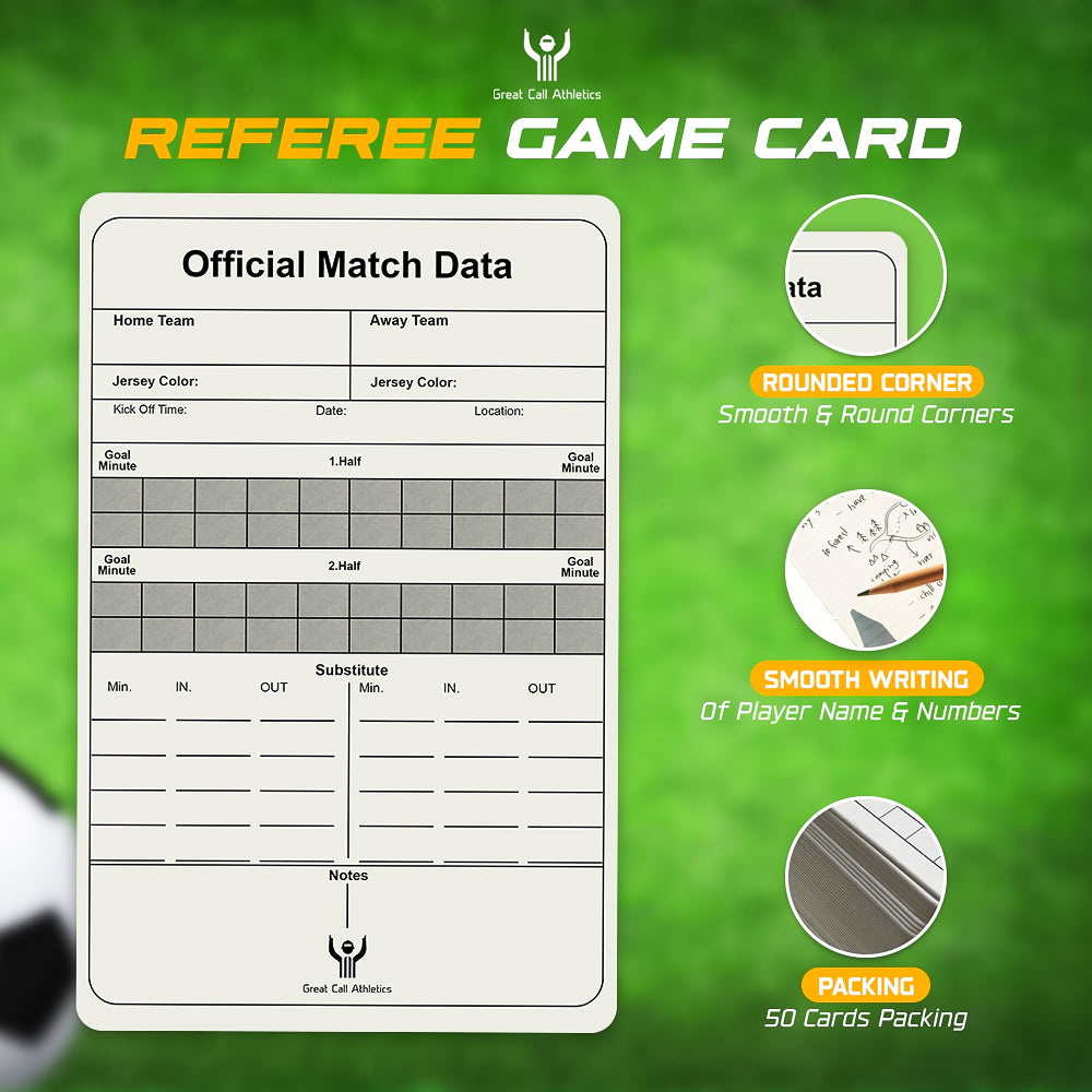 Soccer Referee Game Cards Pro | 50 Pack | Double Sided Thick Print Match Data Record Set