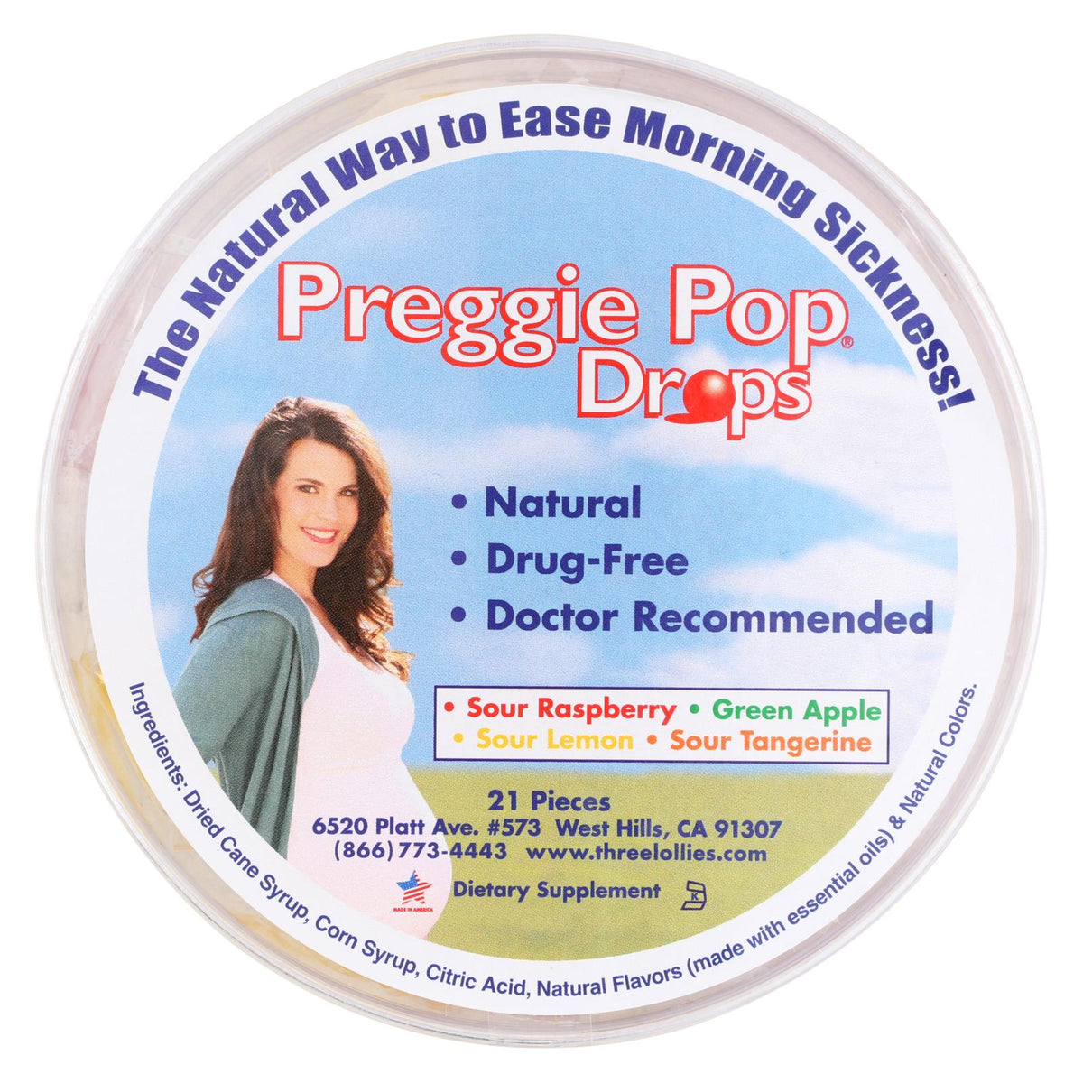 Three Lollies Preggie Pop Drops, Sour Raspberry, Apple, Lemon & Tangerine, 21 ct