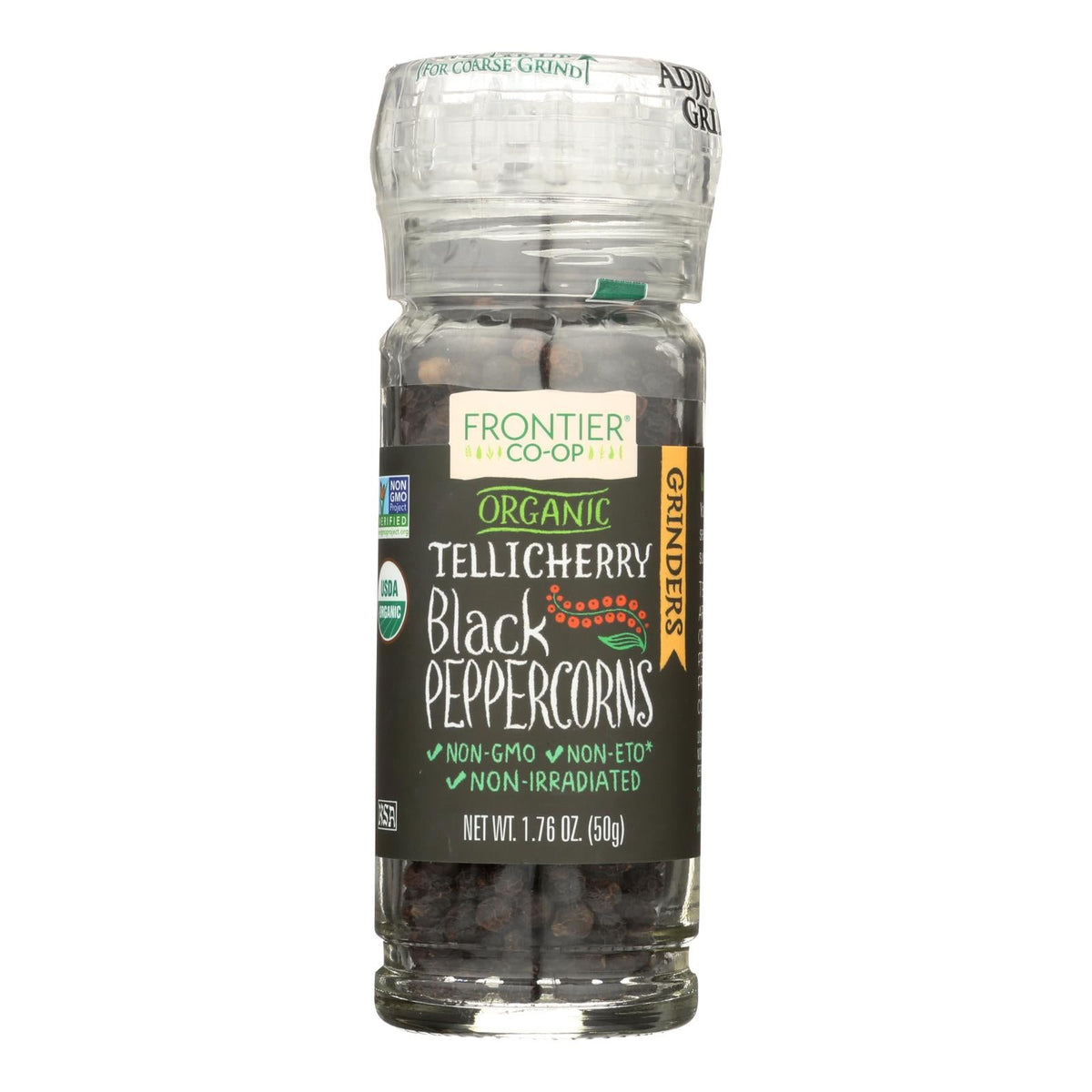 Frontier Co-op Organic Whole Black Tellicherry Peppercorns Grinder, 1.76 oz (Case of 6)