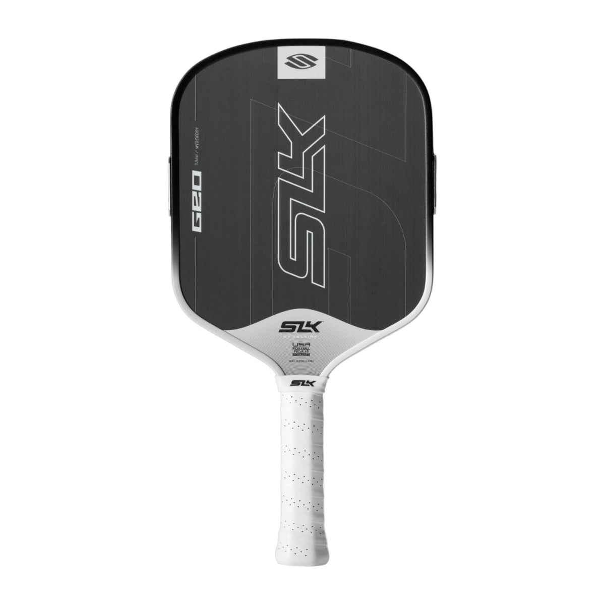 Selkirk SLK Geo pickleball paddle with a textured face, streamlined shape, and perforated grip handle.