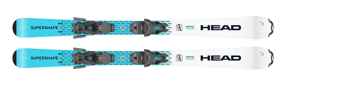 HEAD Supershape Team Easy JRS Junior Skis with JRS Bindings, White/Blue - top view with bindings