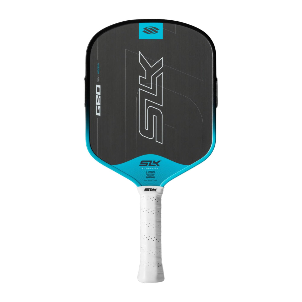 Selkirk SLK Geo pickleball paddle with a textured face, streamlined shape, and perforated grip handle.