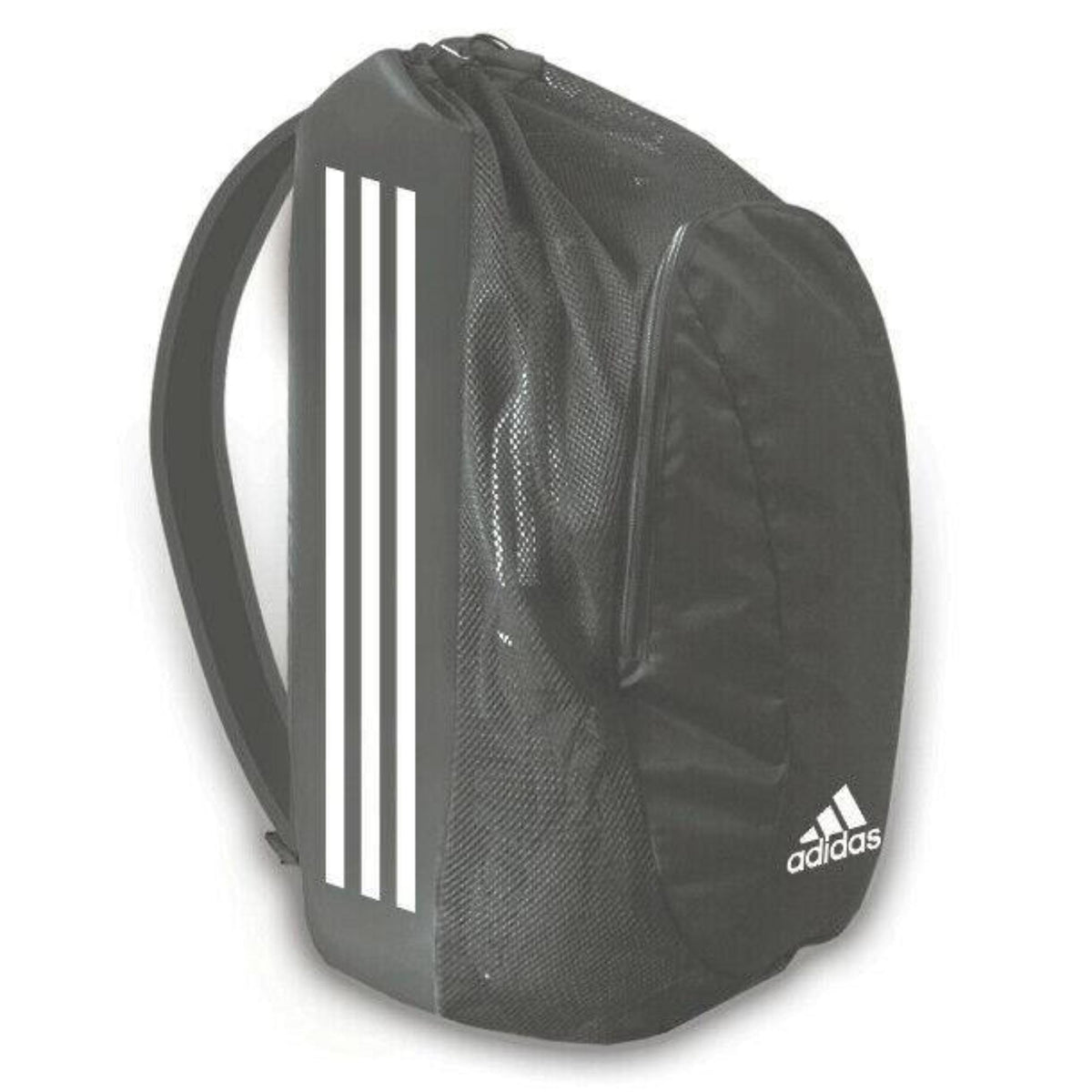 Onyx Adidas drawstring backpack with white three-stripe design, shown from a side angle on a white background.